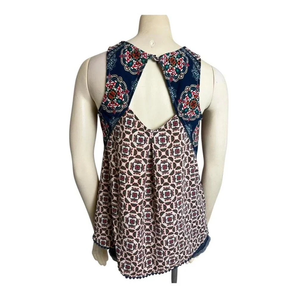 Xhilaration Geometric Tile Print Tank Top Boho Crochet Trim Blue Orange Size L - Picture 9 of 9